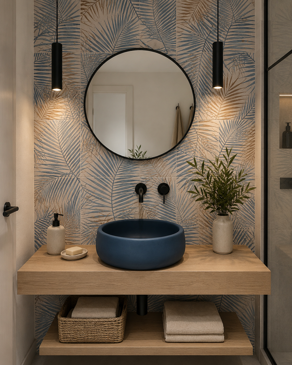Concrete basin in a tropical-inspired bathroom