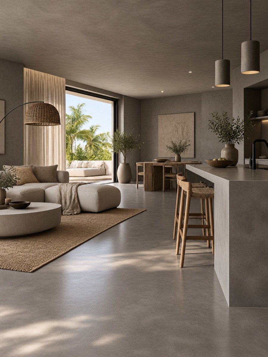 Salón y cocina abiertos con suelo de microcemento